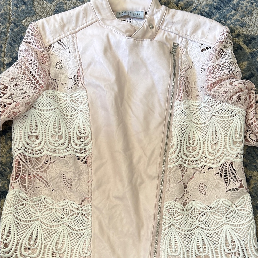 bagatelle Pink and White Lace-Panel Moto Jacket